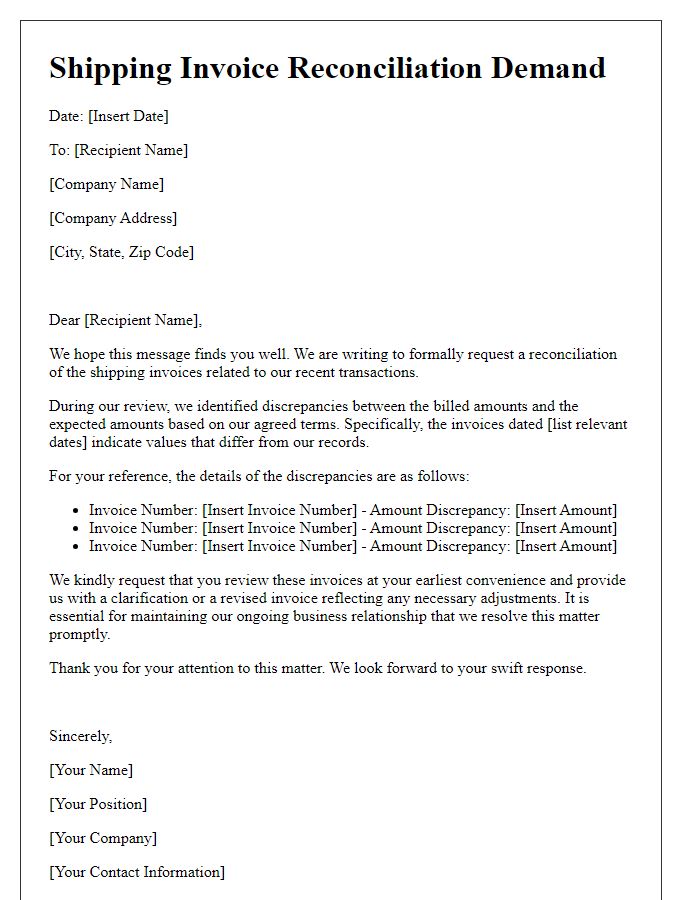 Letter template of shipping invoice reconciliation demand