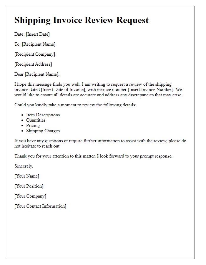 Letter template of shipping invoice review request