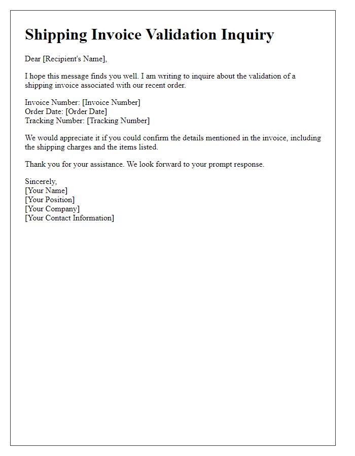 Letter template of shipping invoice validation inquiry