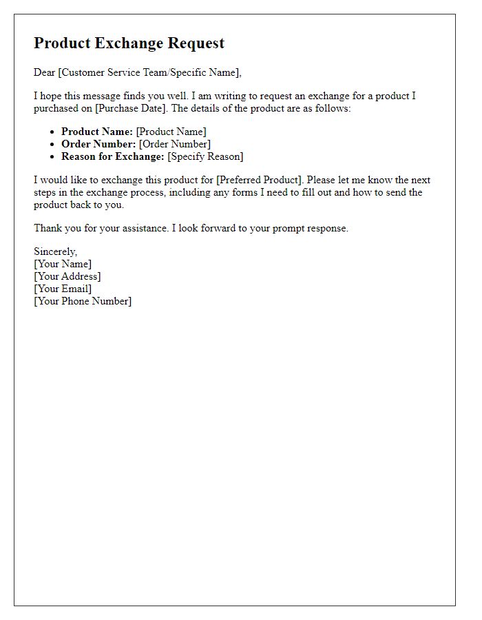 Letter template of product exchange process.