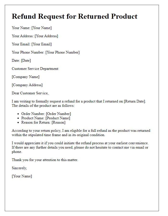 Letter template of refund request for returned product.