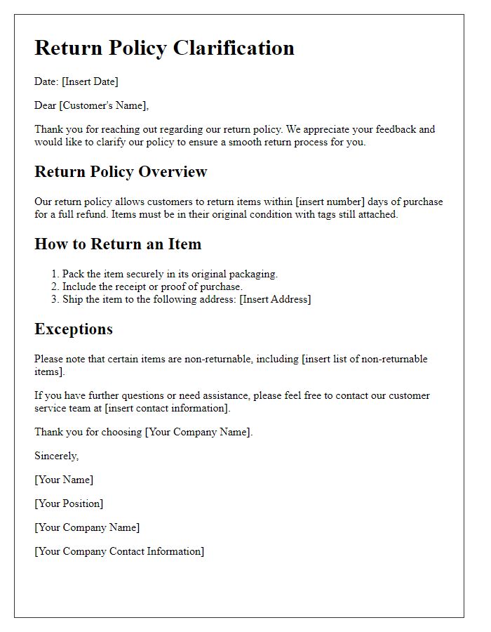 Letter template of return policy clarification.