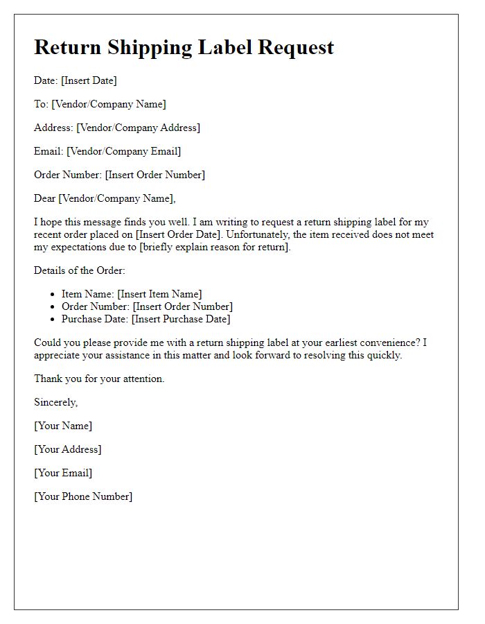 Letter template of return shipping label request.