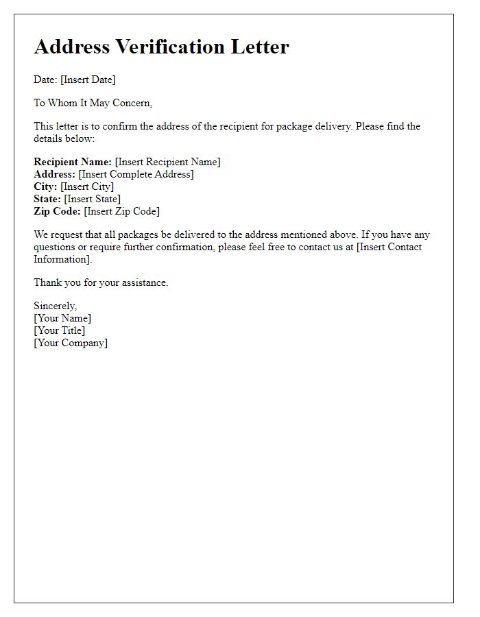 Letter template of address verification for package delivery