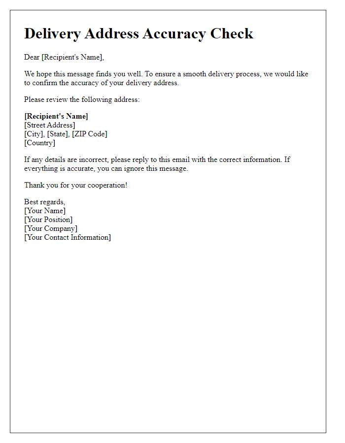 Letter template of delivery address accuracy check