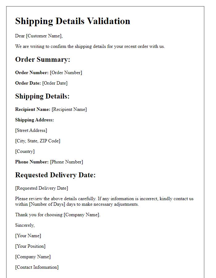 Letter template of shipping details validation