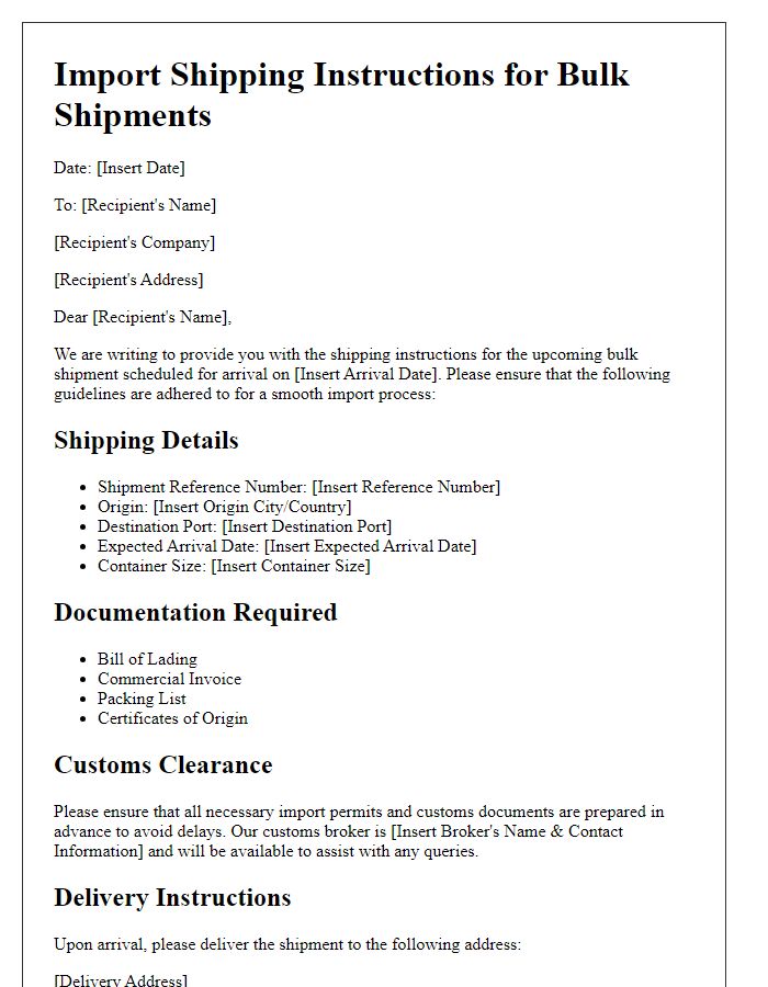 Letter template of import shipping instructions for bulk shipments