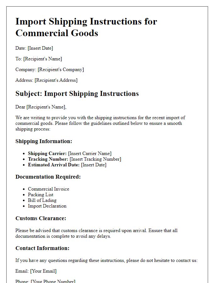 Letter template of import shipping instructions for commercial goods