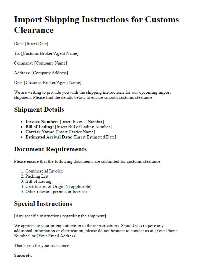 Letter template of import shipping instructions for customs clearance