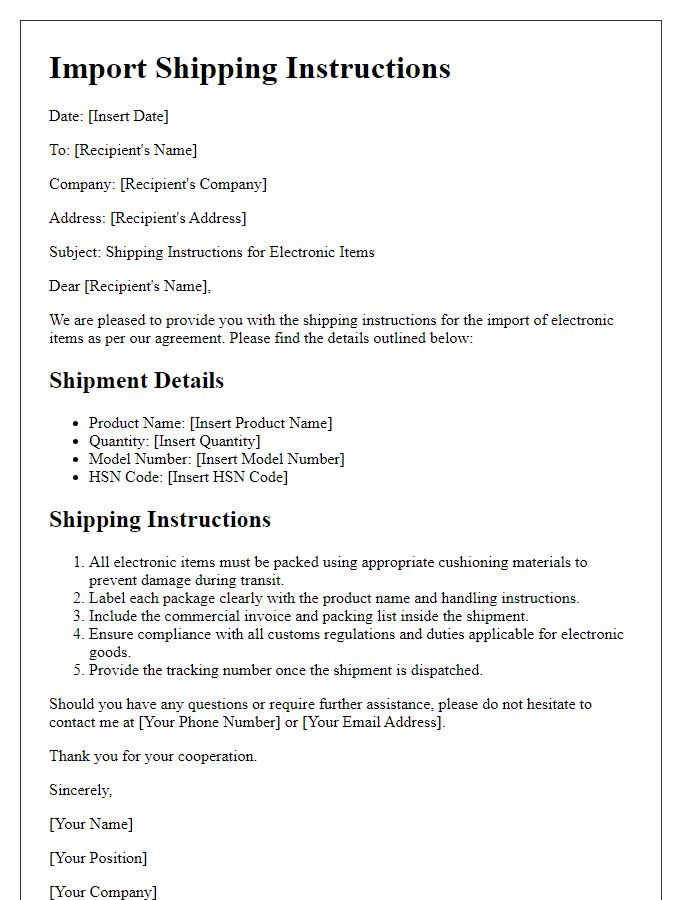 Letter template of import shipping instructions for electronic items