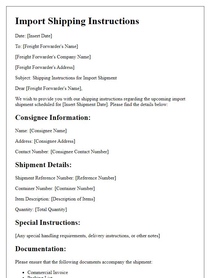 Letter template of import shipping instructions for freight forwarders