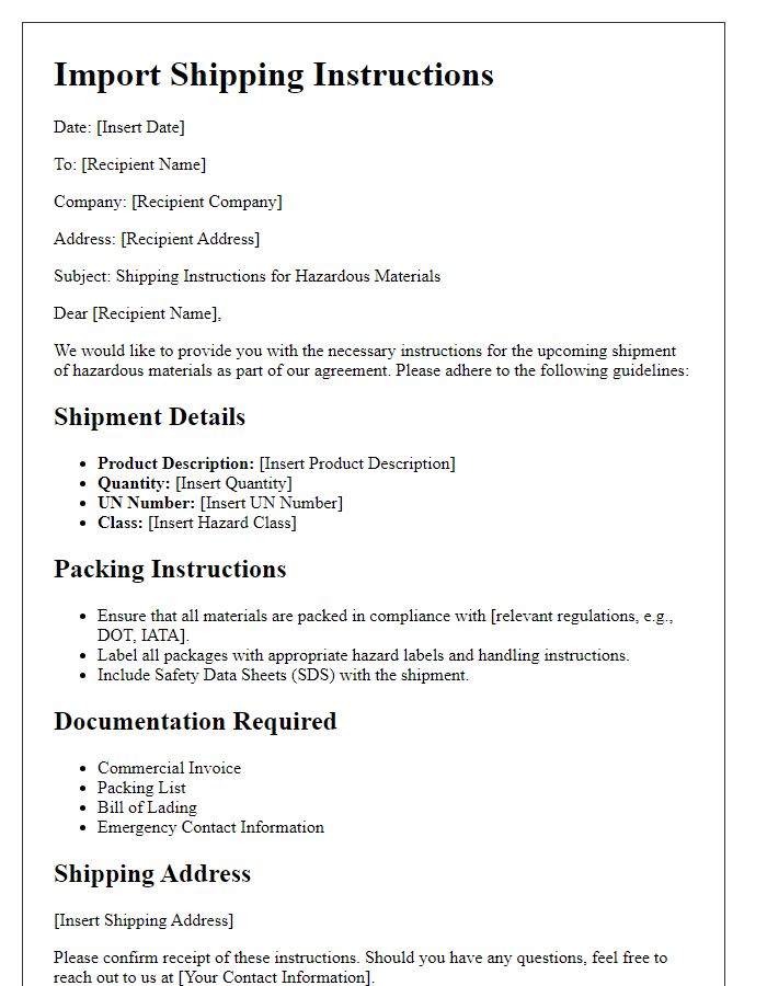 Letter template of import shipping instructions for hazardous materials