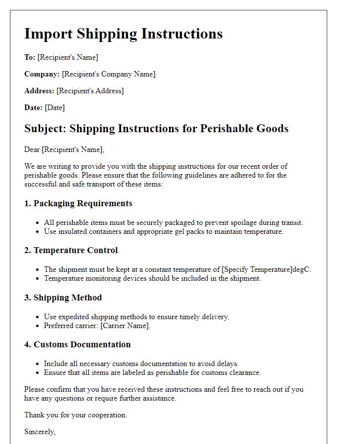 Letter template of import shipping instructions for perishable goods