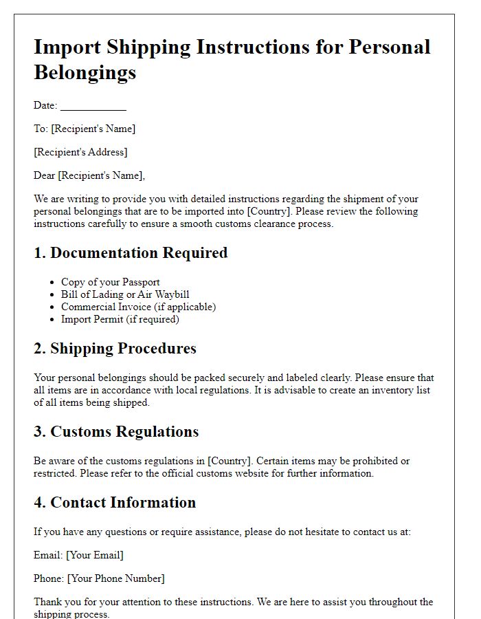 Letter template of import shipping instructions for personal belongings