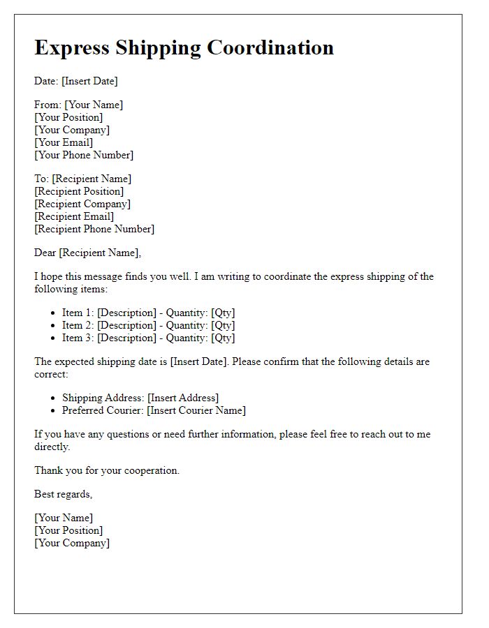 Letter template of express shipping coordination