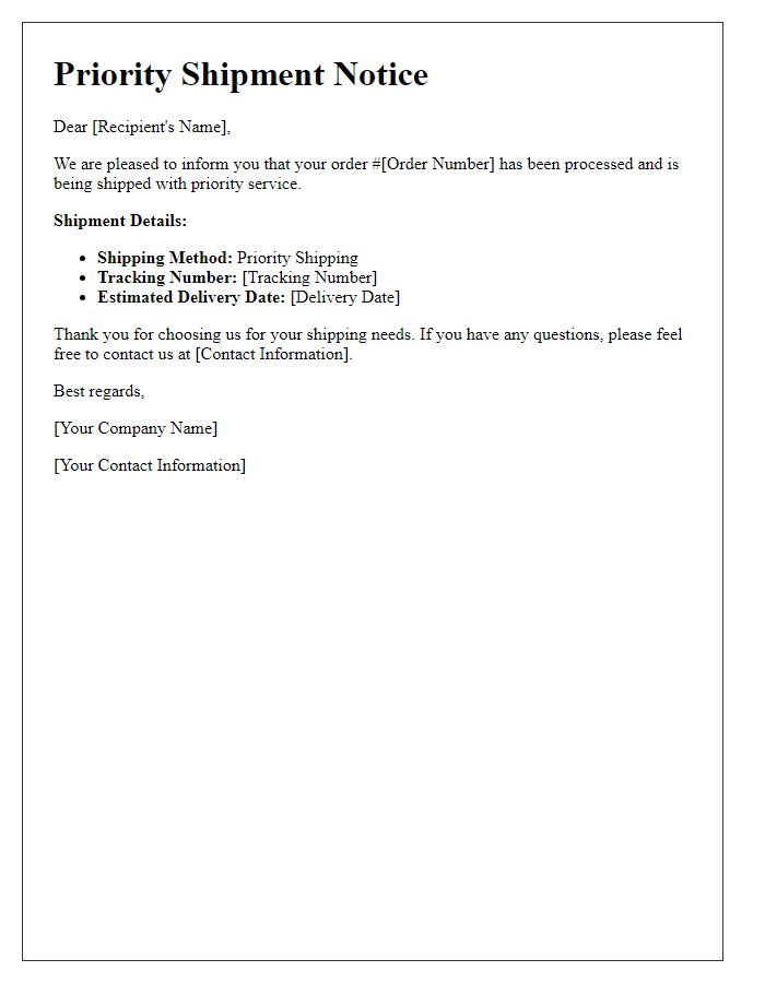 Letter template of priority shipment notice