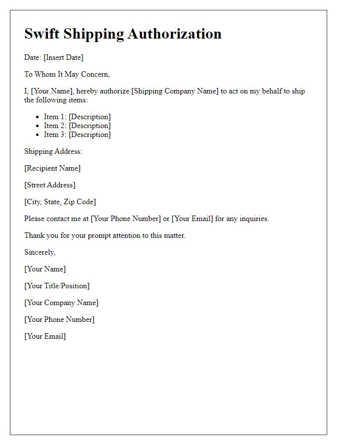 Letter template of swift shipping authorization