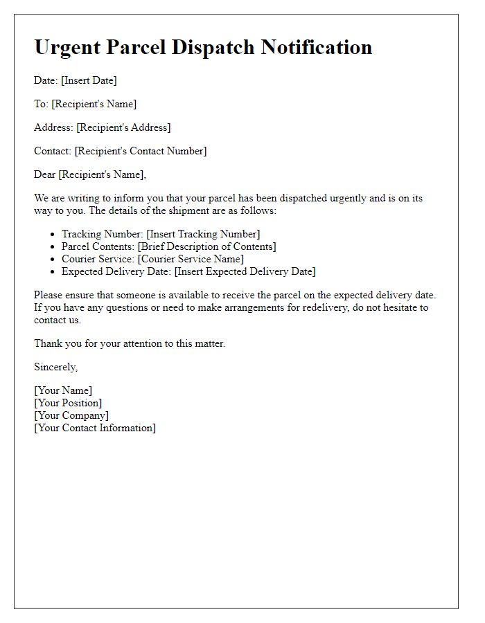 Letter template of urgent parcel dispatch