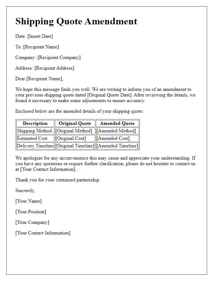 Letter template of shipping quote amendment