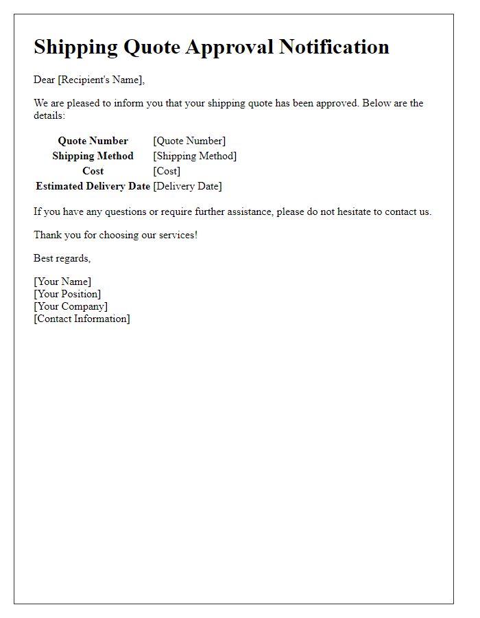 Letter template of shipping quote approval notification