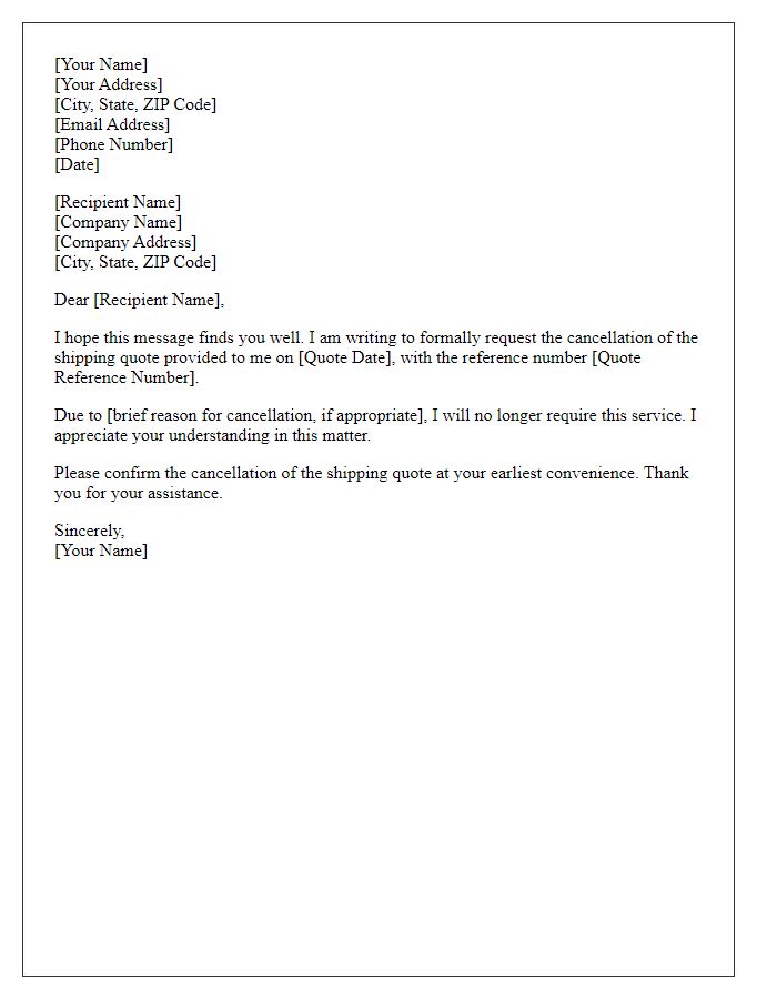 Letter template of shipping quote cancellation request