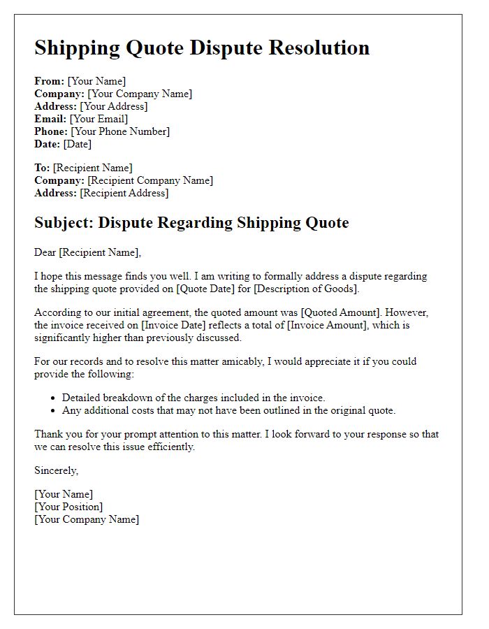 Letter template of shipping quote dispute resolution