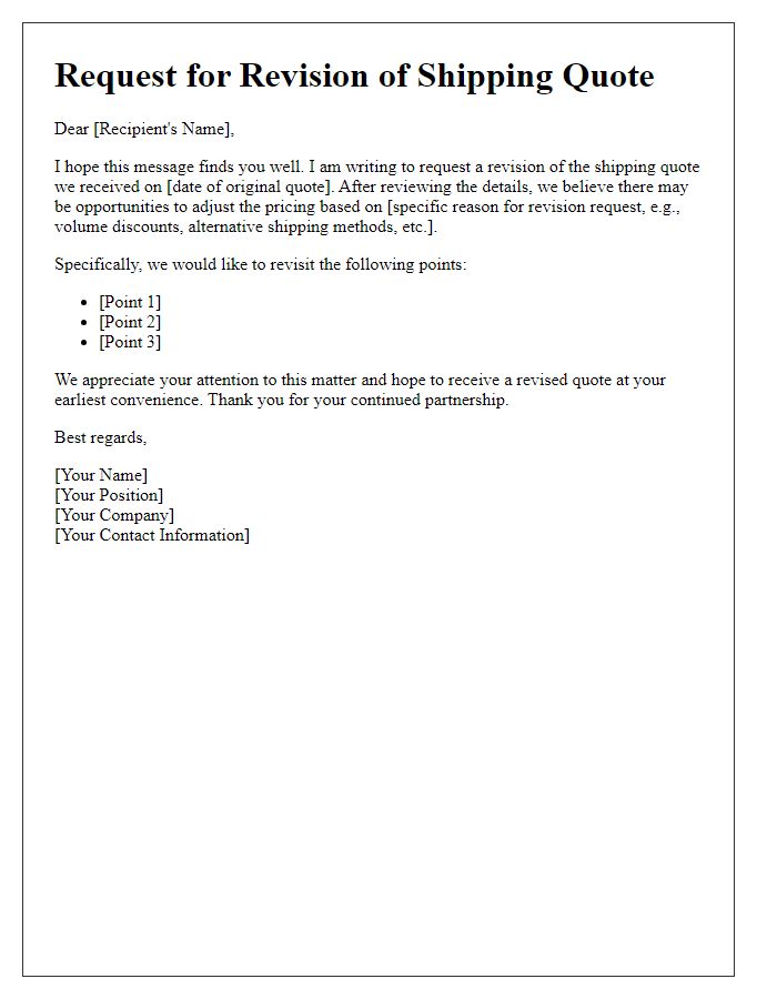 Letter template of shipping quote revision request