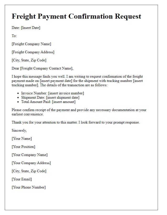 Letter template of freight payment confirmation request