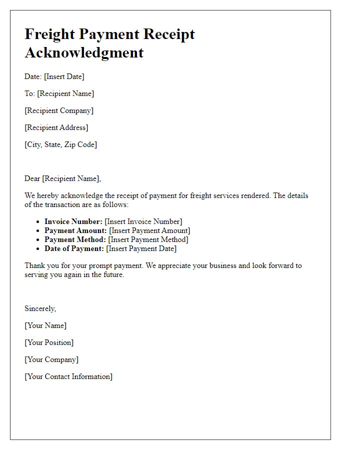 Letter template of freight payment receipt acknowledgment