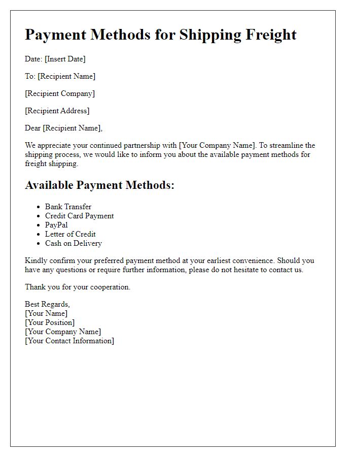 Letter template of payment methods for shipping freight