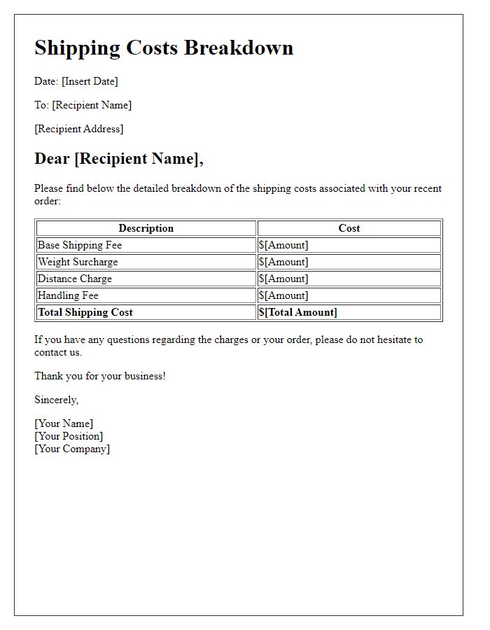 Letter template of shipping costs breakdown