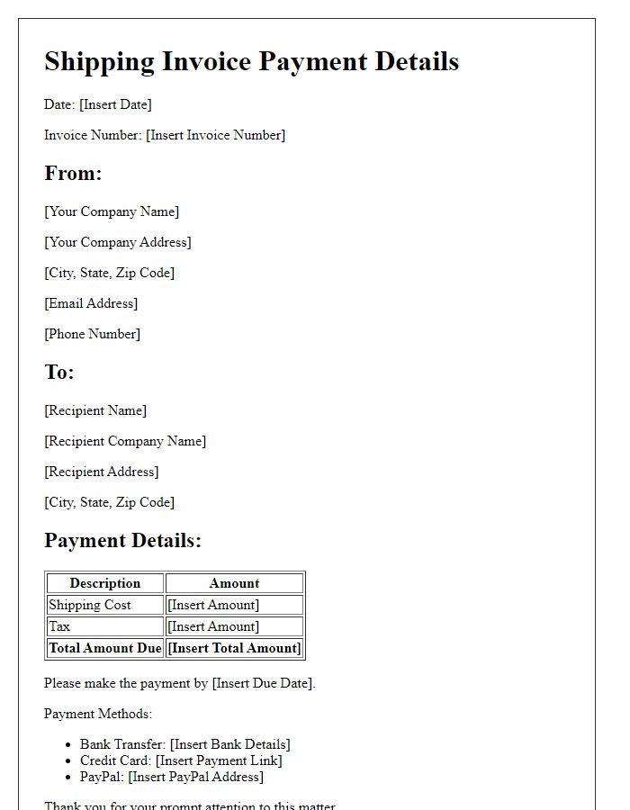 Letter template of shipping invoice payment details