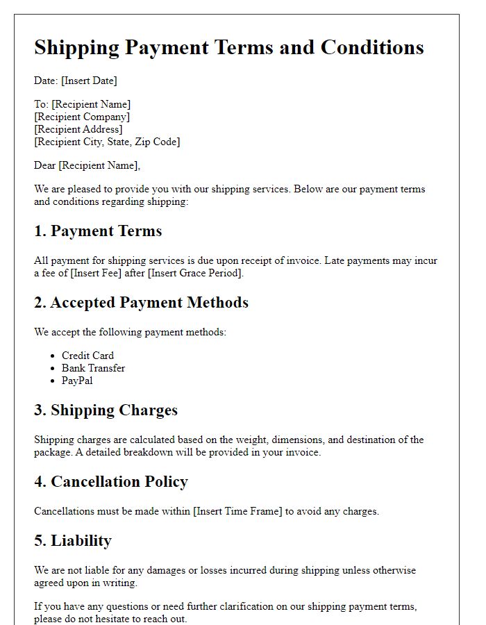 Letter template of shipping payment terms and conditions