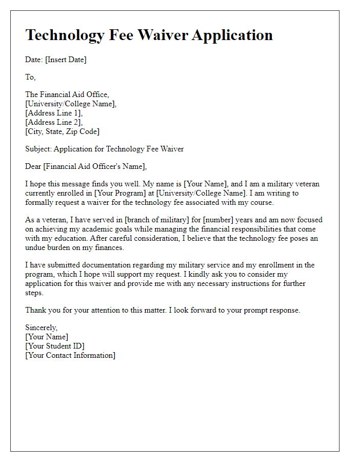 Letter template of technology fee waiver application for military veterans.