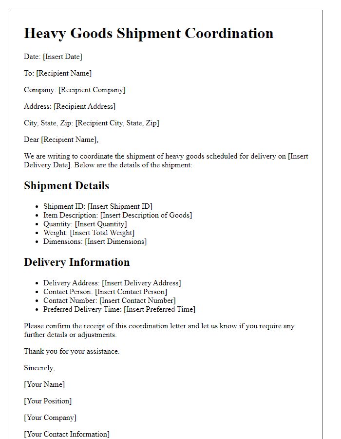 Letter template of heavy goods shipment coordination for domestic delivery