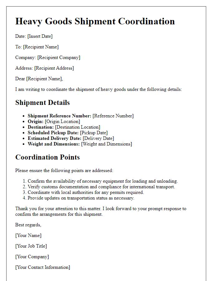 Letter template of heavy goods shipment coordination for international transport