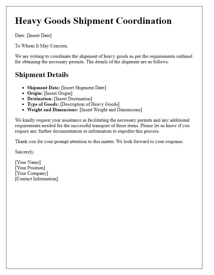 Letter template of heavy goods shipment coordination for permit requests