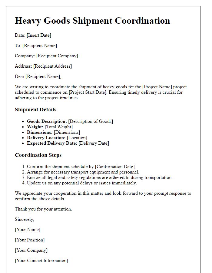 Letter template of heavy goods shipment coordination for project timelines