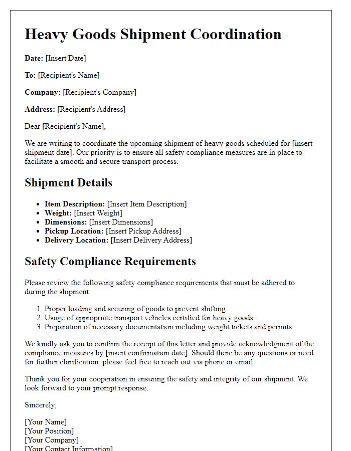 Letter template of heavy goods shipment coordination for safety compliance