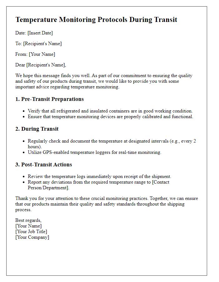 Letter template of advice for monitoring temperature during transit.