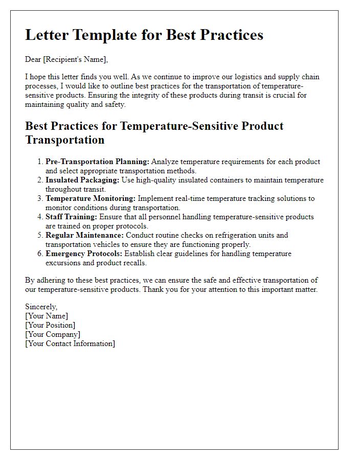 Letter template of best practices for temperature-sensitive product transportation.