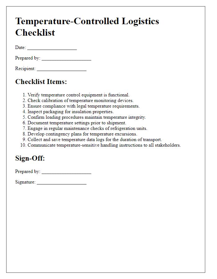 Letter template of checklists for temperature-controlled logistics.