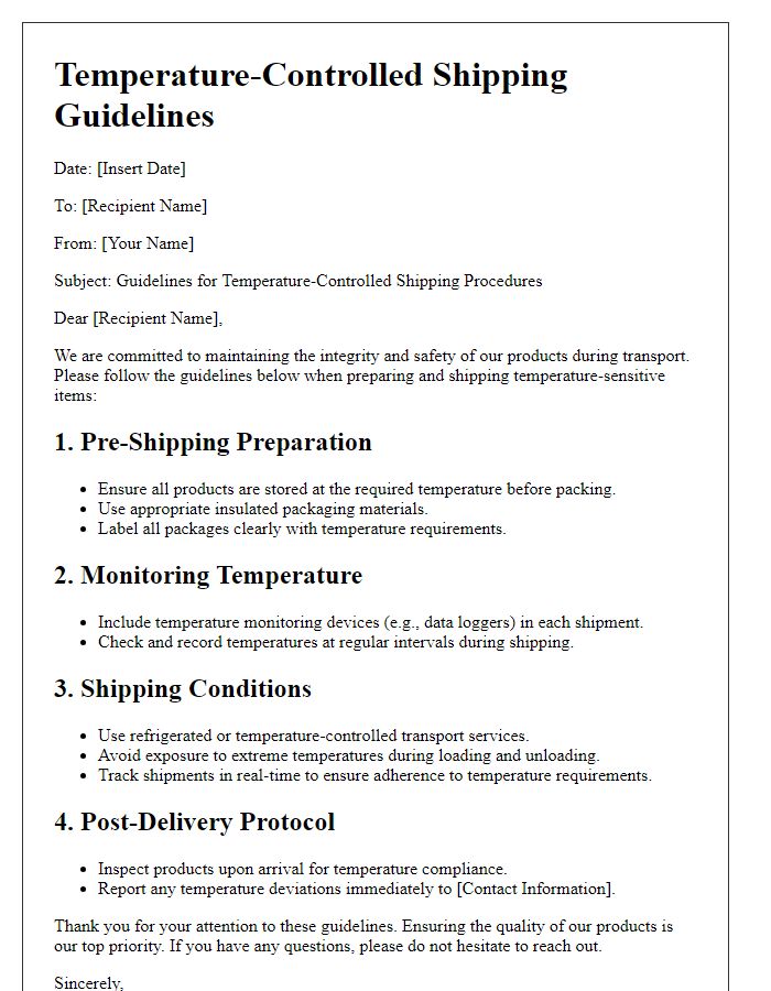 Letter template of guidelines for temperature-controlled shipping procedures.