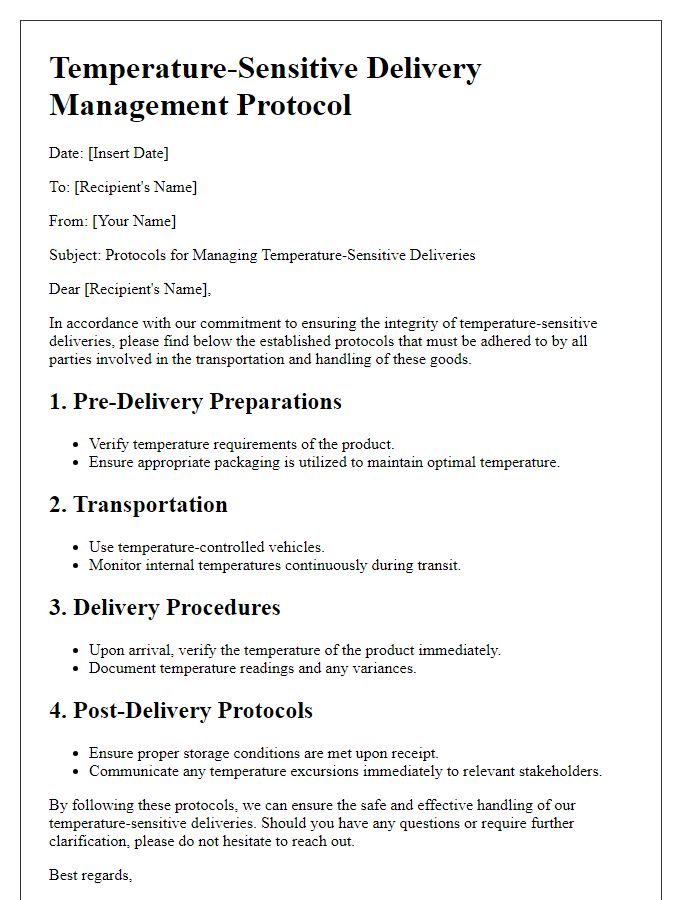 Letter template of protocols for managing temperature-sensitive deliveries.