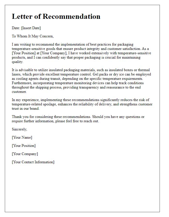 Letter template of recommendations for packaging temperature-sensitive goods.