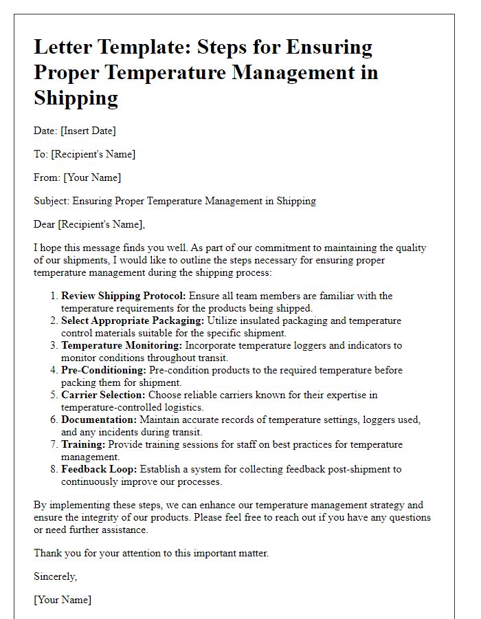 Letter template of steps for ensuring proper temperature management in shipping.