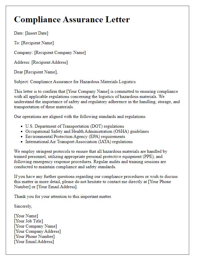 Letter template of compliance assurance for hazardous materials logistics