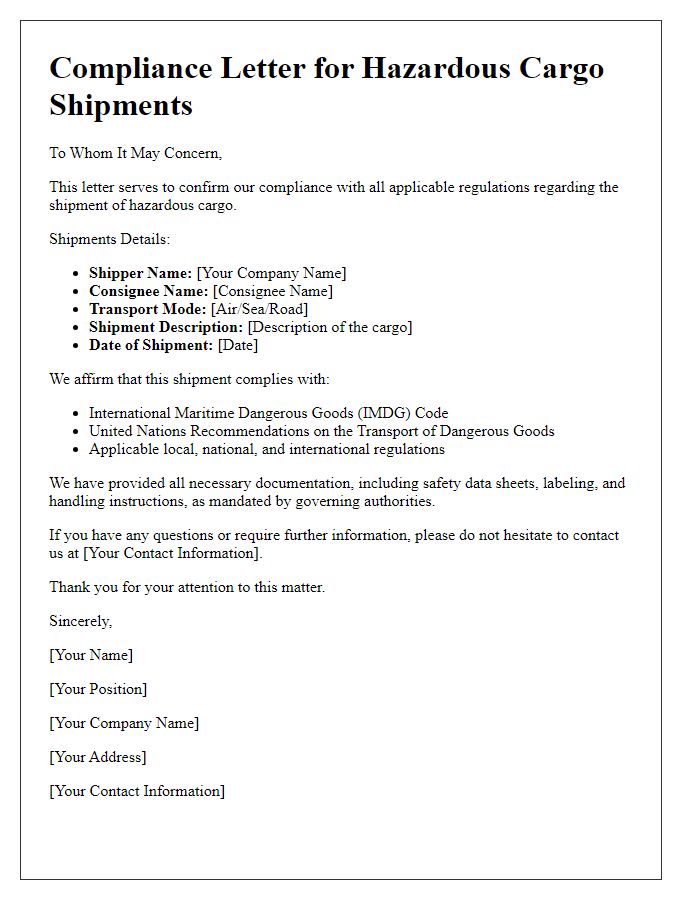 Letter template of compliance for hazardous cargo shipments