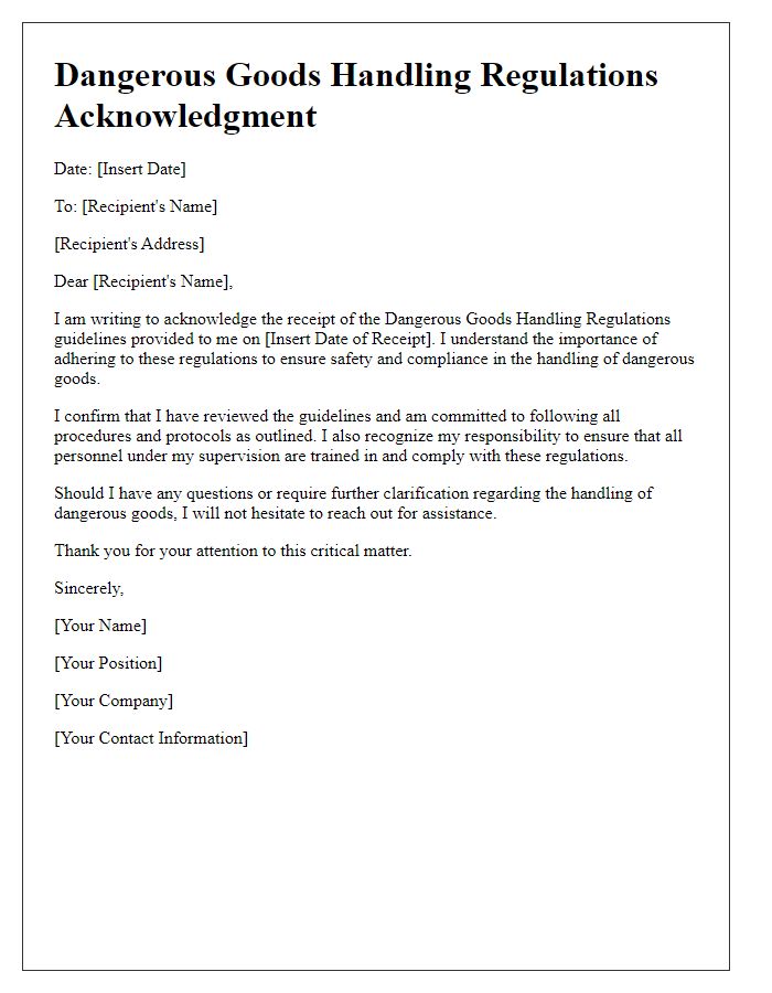 Letter template of dangerous goods handling regulations acknowledgment