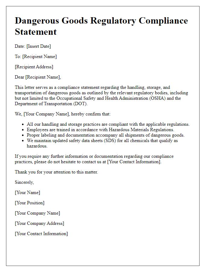 Letter template of dangerous goods regulatory compliance statement